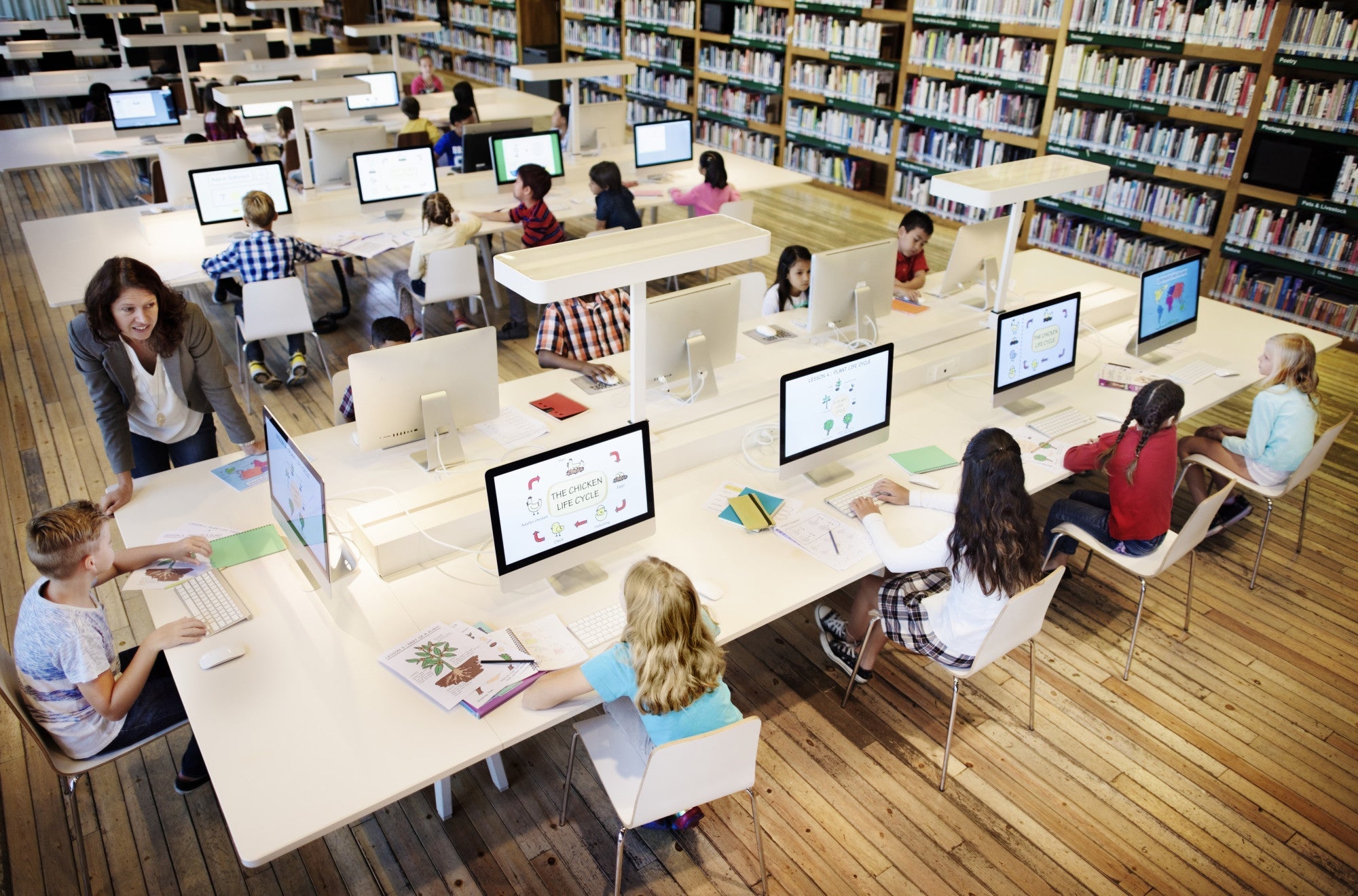 Organized school classroom with storage furniture