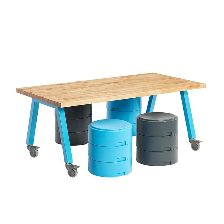 Planner® Studio 36″x72″ Butcher Block Table — Model 25212BUTCHER 36" x 72" @ 29"h, shown in Butcher block top and Cerulean frame with oodle stools.