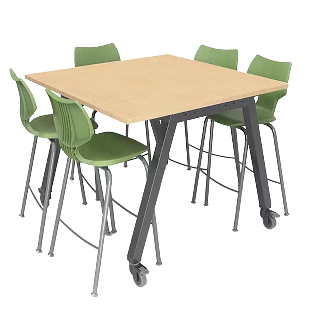 Planner® Studio – 48″ Deep — Model 25246f 48" x 48" @ 40"h, shown in Mission Maple top and Platinum frame with 28" Flavors stools.