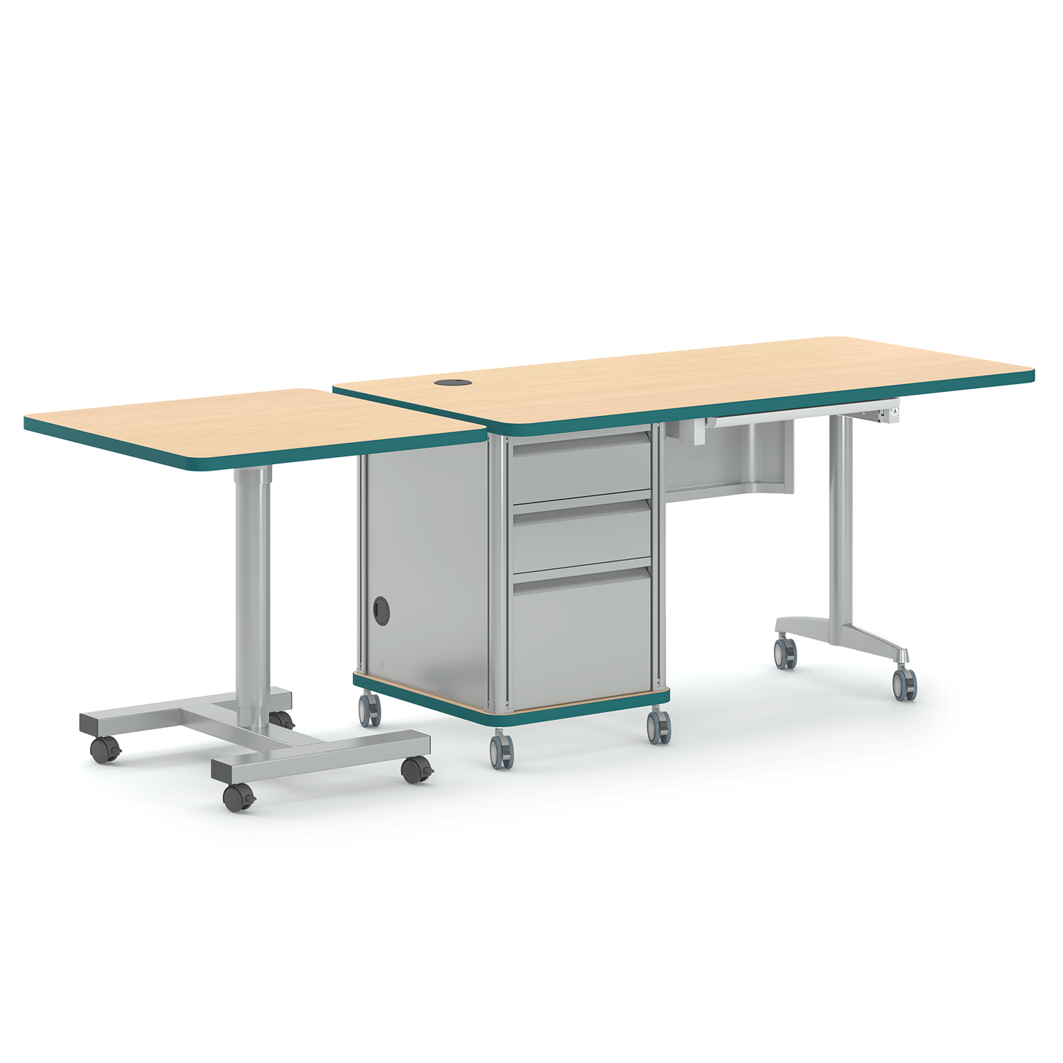 Wood-tone and teal Accelerator desk with sit-stand crescent