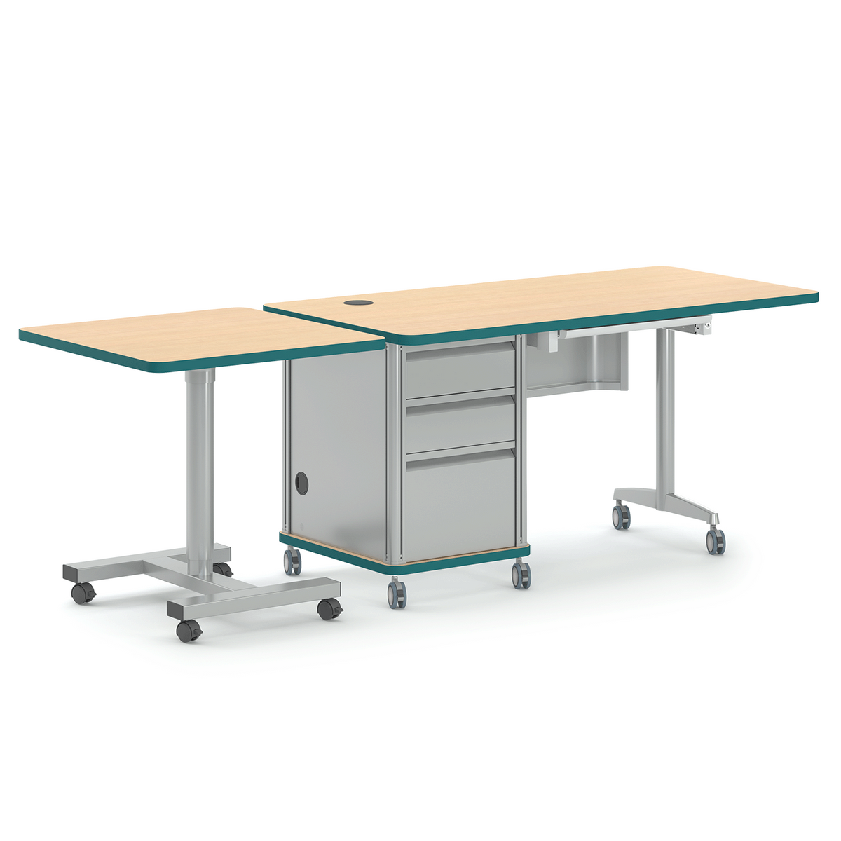 Wood-tone and teal Accelerator desk with sit-stand crescent