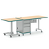 Wood-tone and teal Accelerator desk with sit-stand crescent