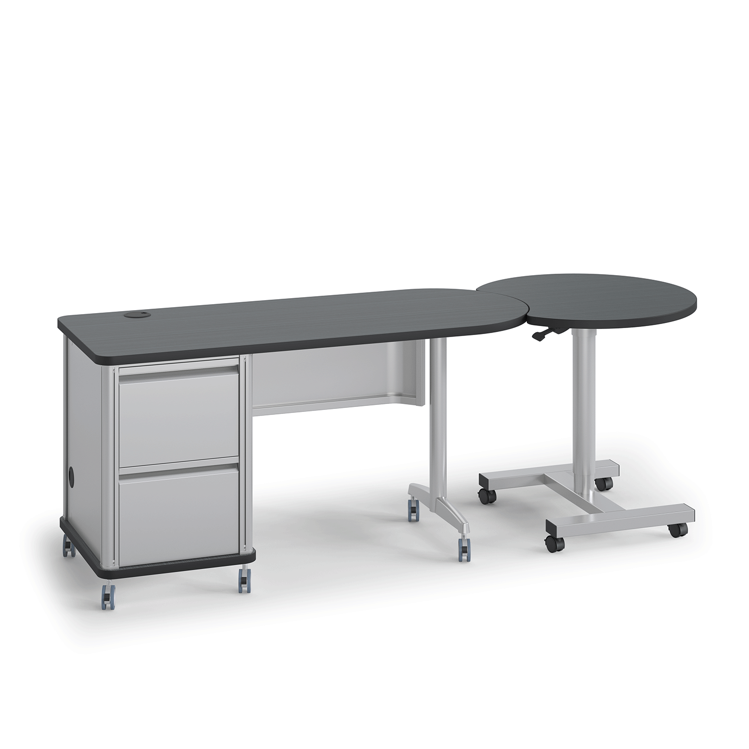 Black Accelerator teacher desk with sit-stand crescent