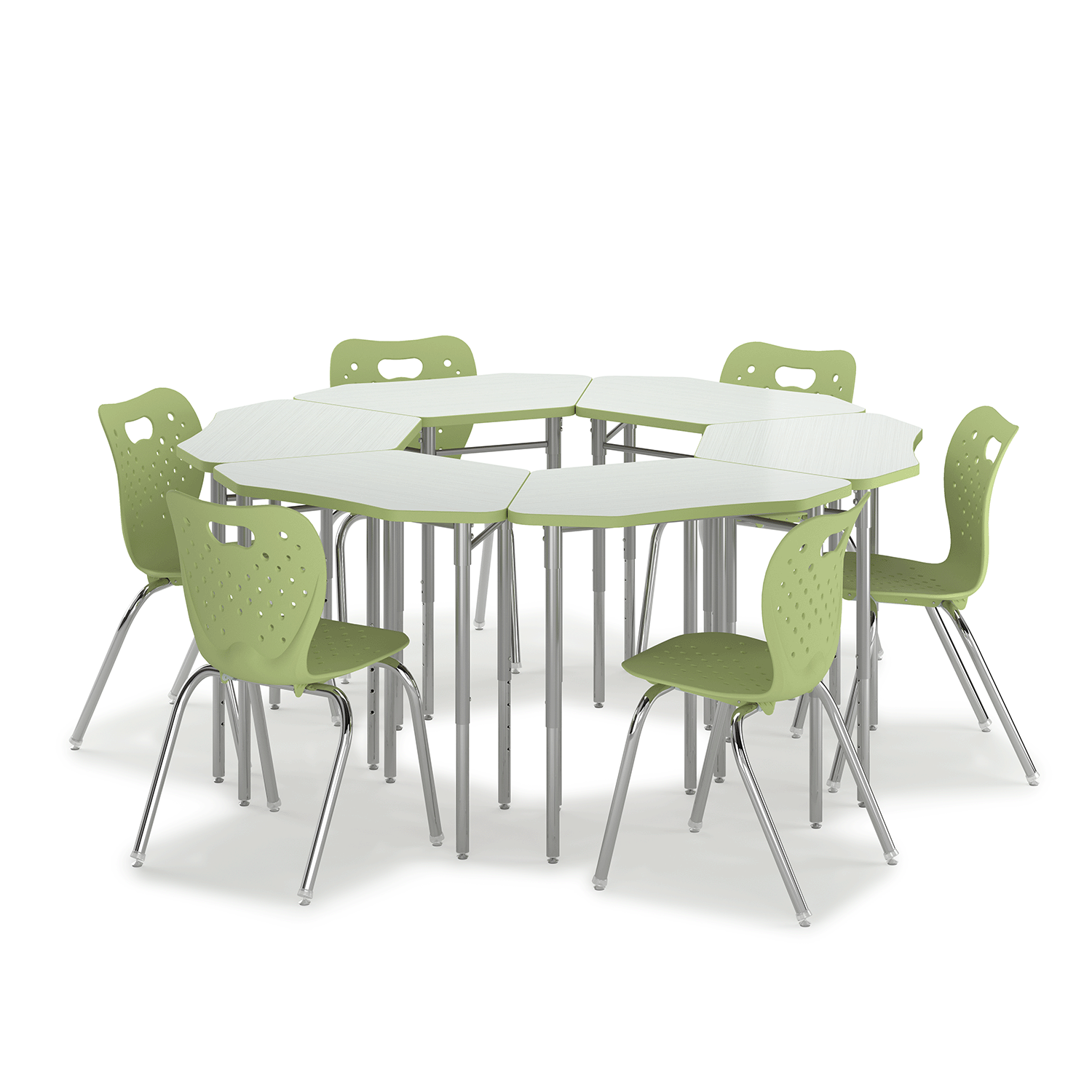 Hex Desk group of six with Air 4-leg chairs