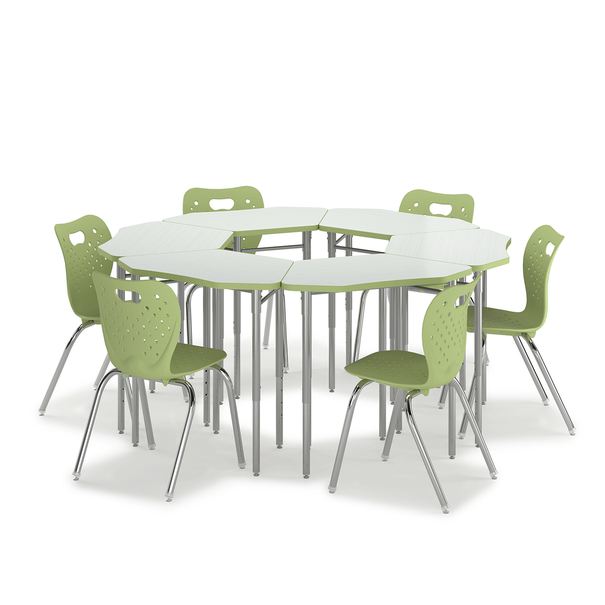 Hex Desk group of six with Air 4-leg chairs