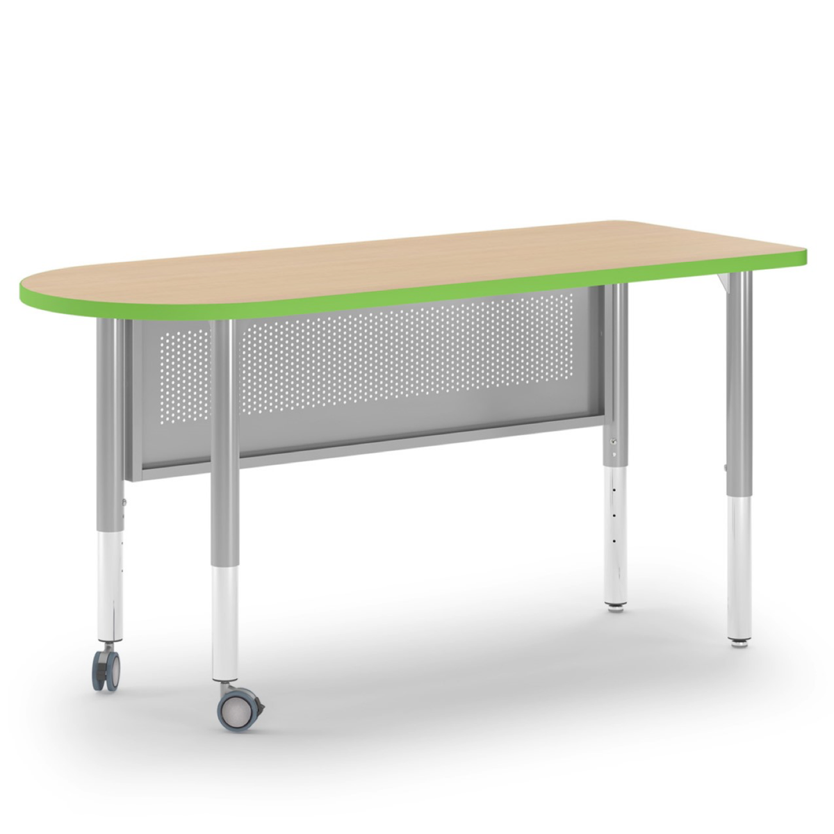 Wood-tone and lime green Inspire bullet-end teacher desk