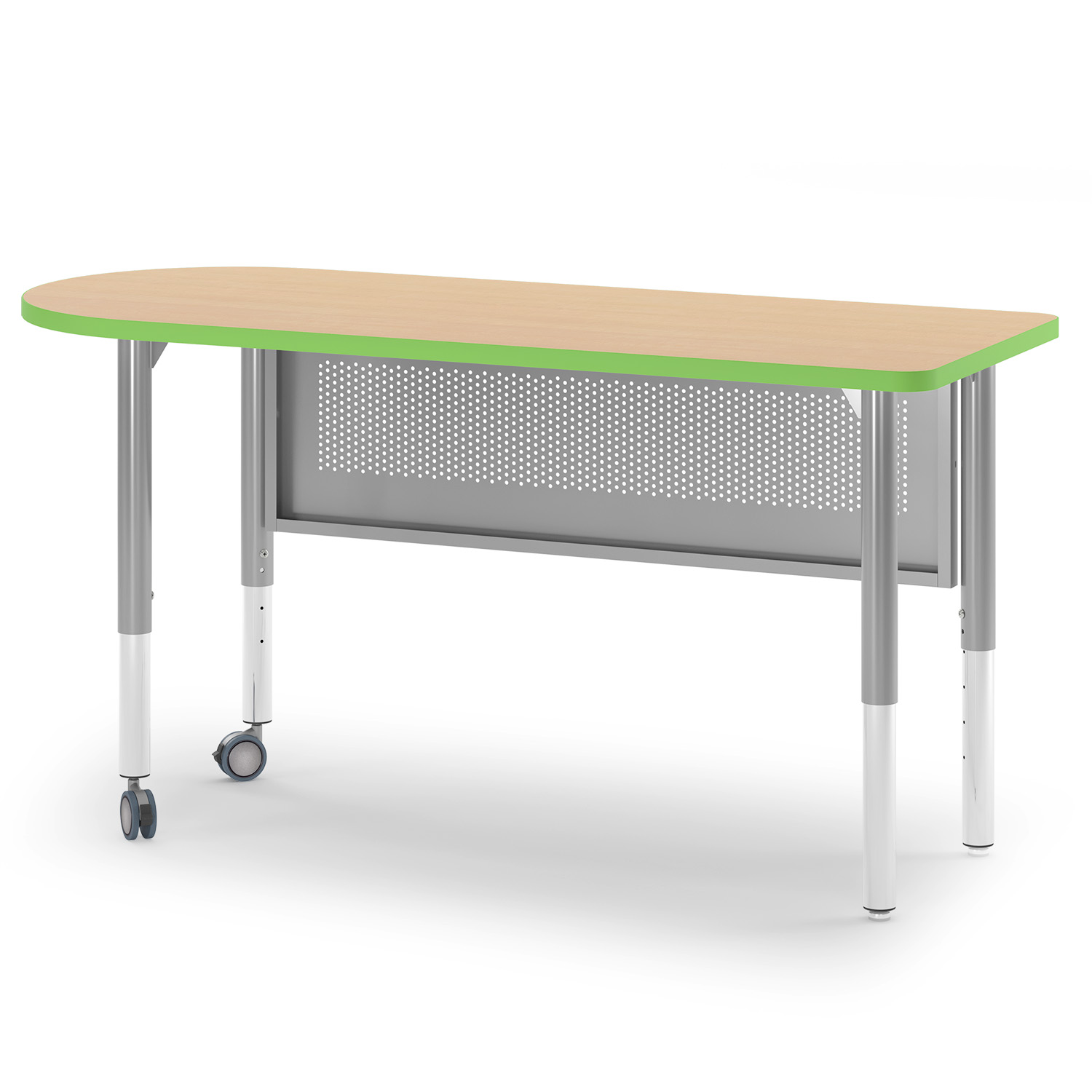 Wood-tone and lime green Inspire bullet-end teacher desk, alternate view