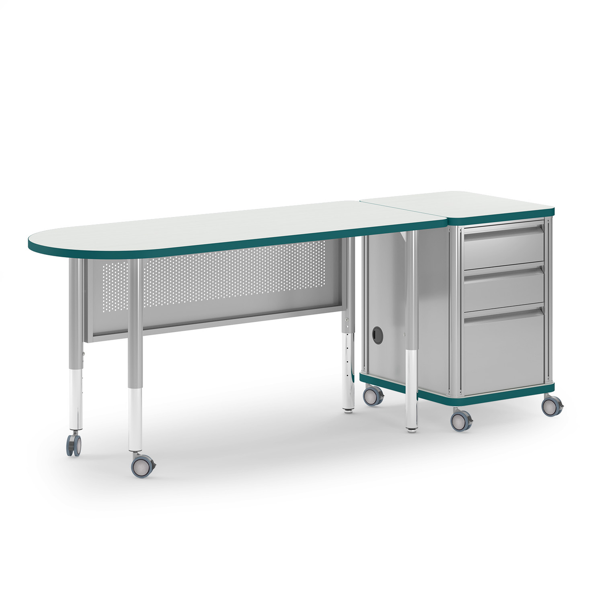 Teal Inspire bullet-end teacher desk with individual pedestal