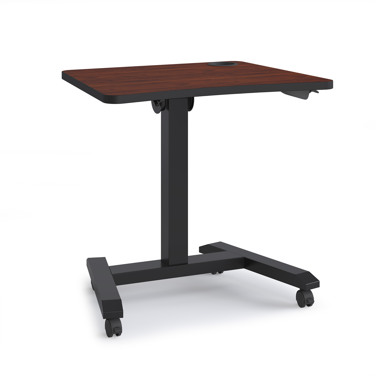 Dark wood-tone Nesting Flip Sit Stand desk with black frame