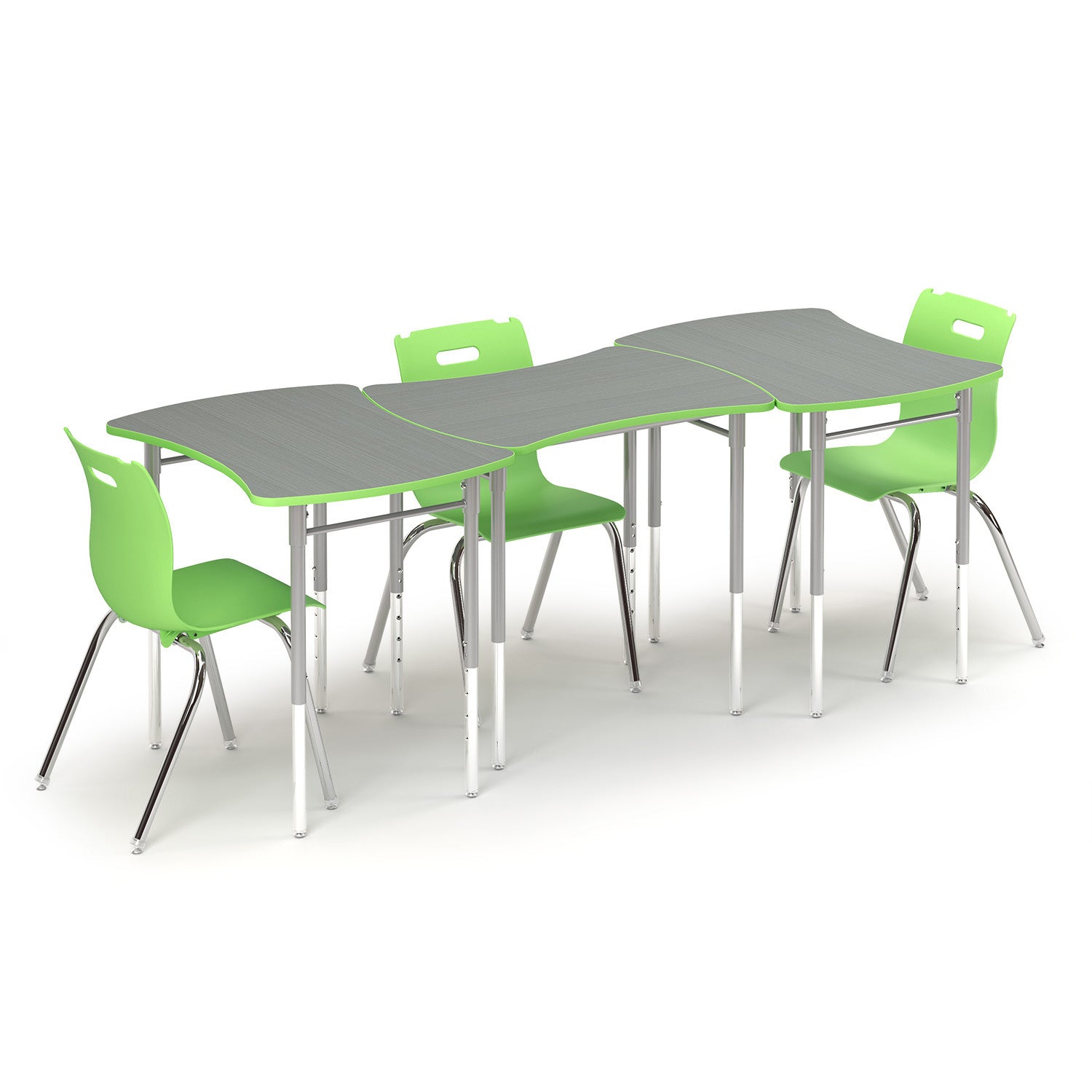Group of three lime green Squeeze Desks with Savvy chairs