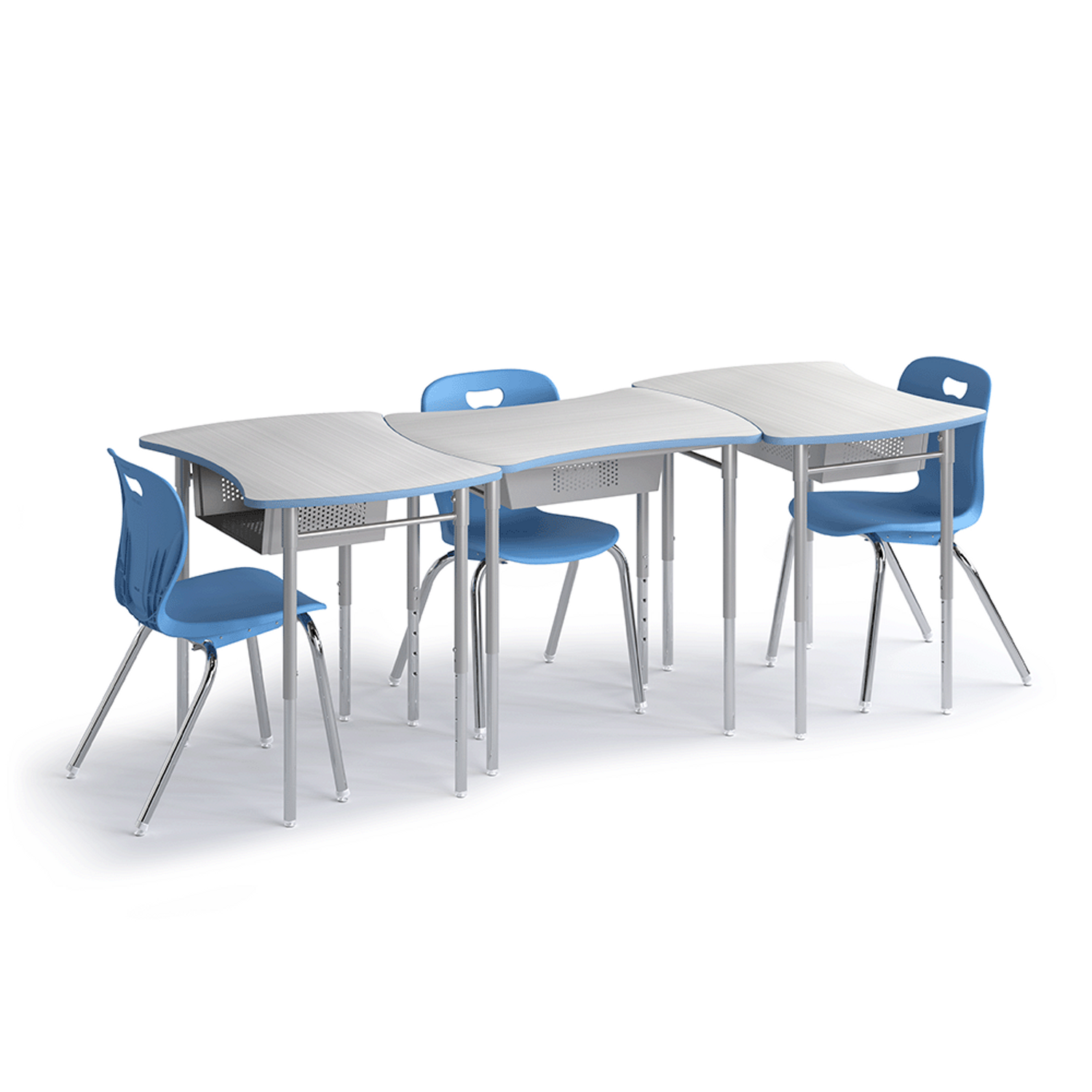 Sky blue Squeeze Desk group of three with Explorer 4-leg chairs