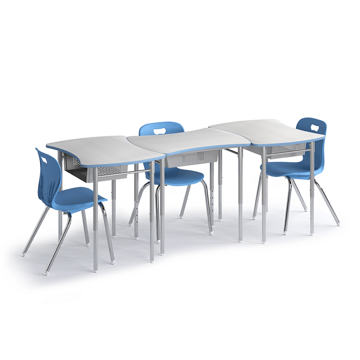 Sky blue Squeeze Desk group of three with Explorer 4-leg chairs