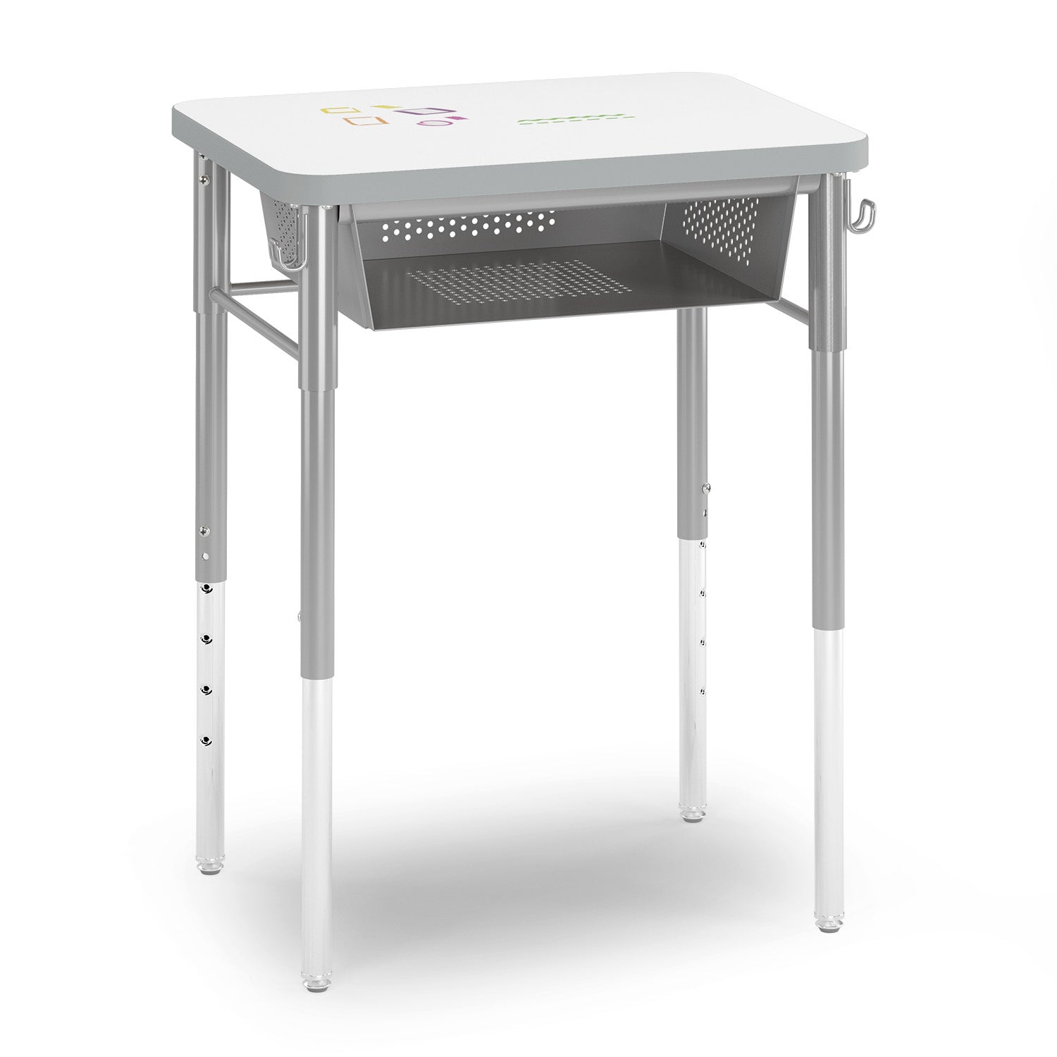 T-Rect Desk with whiteboard top, perforated book box, and two bag hooks