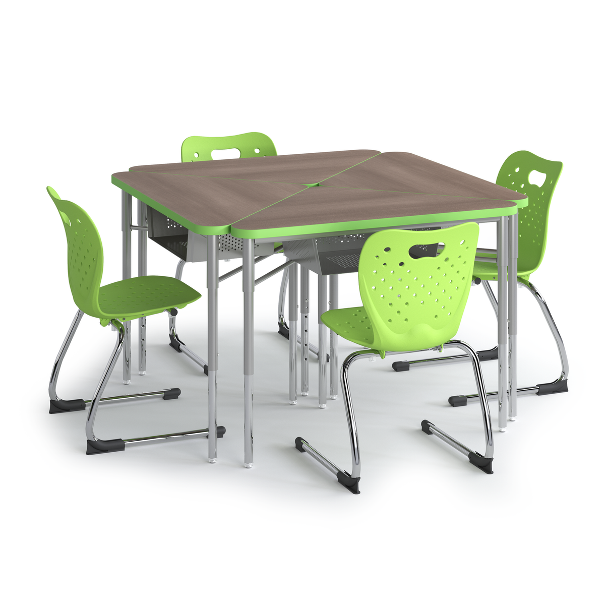 Lime green Triad Desk group of four in a square with Air cantilever chairs