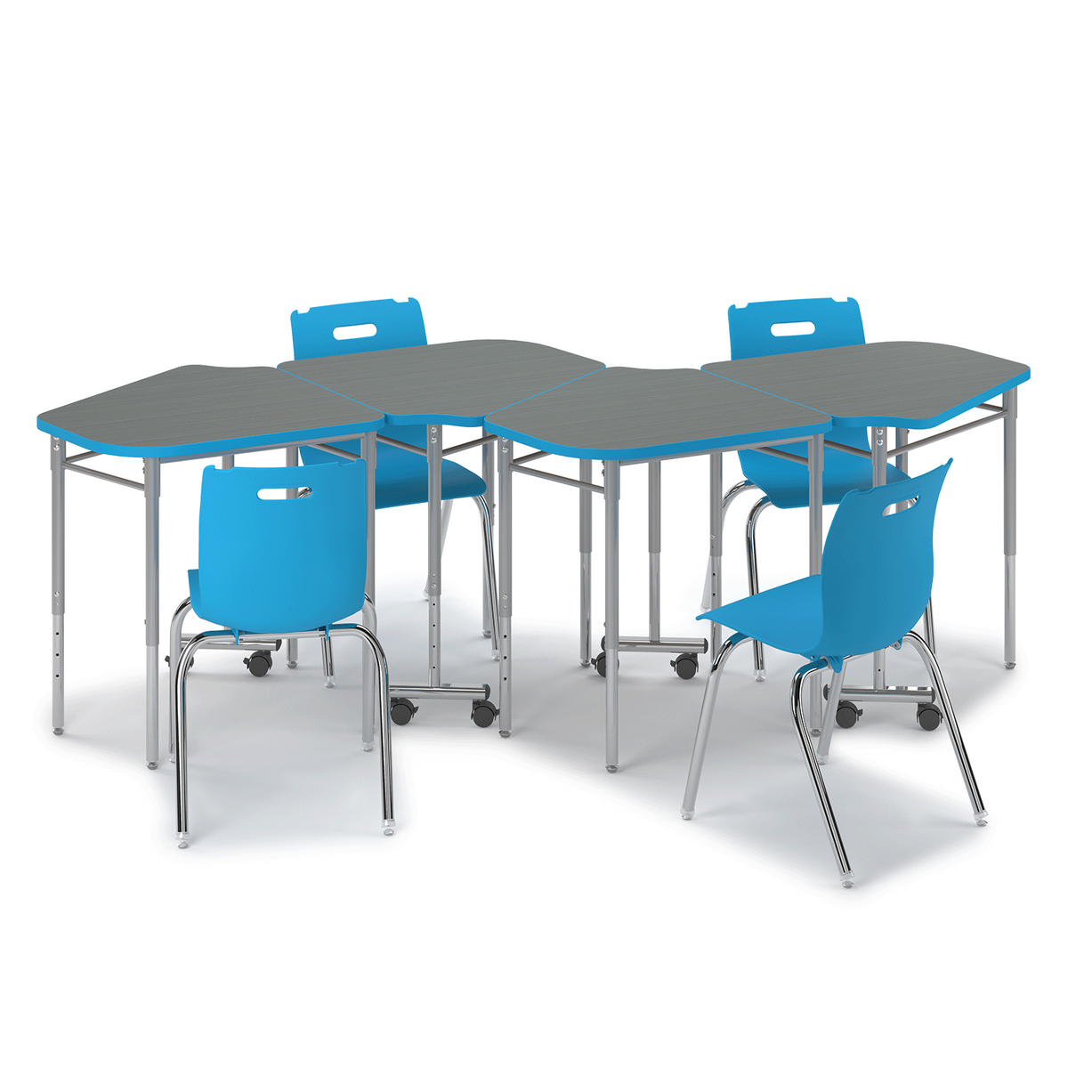 Blue y5 Idea Desk group of four with Savvy 4-leg chairs