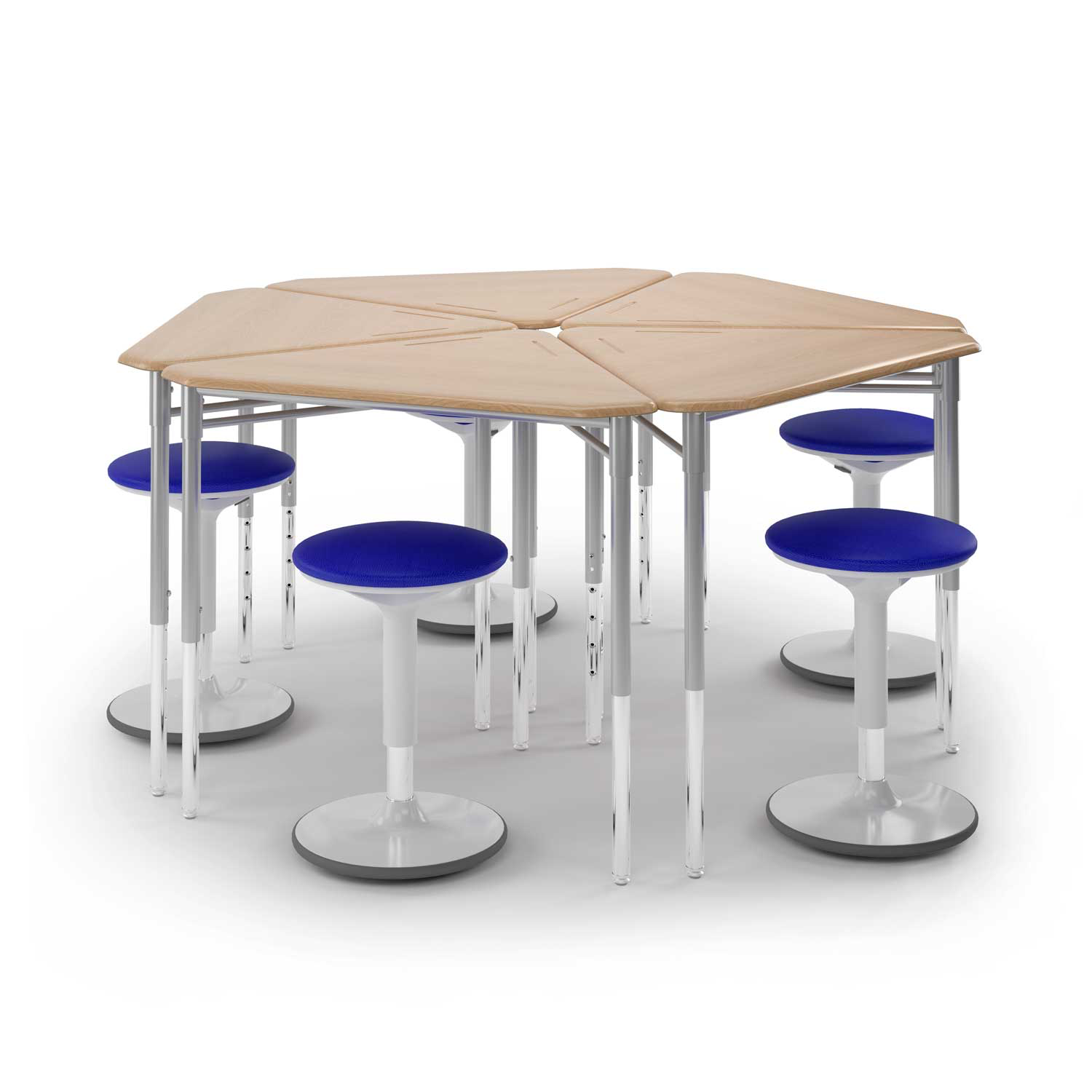 y5 Pente Desk group of five, wood-tone, with a blue balance stool