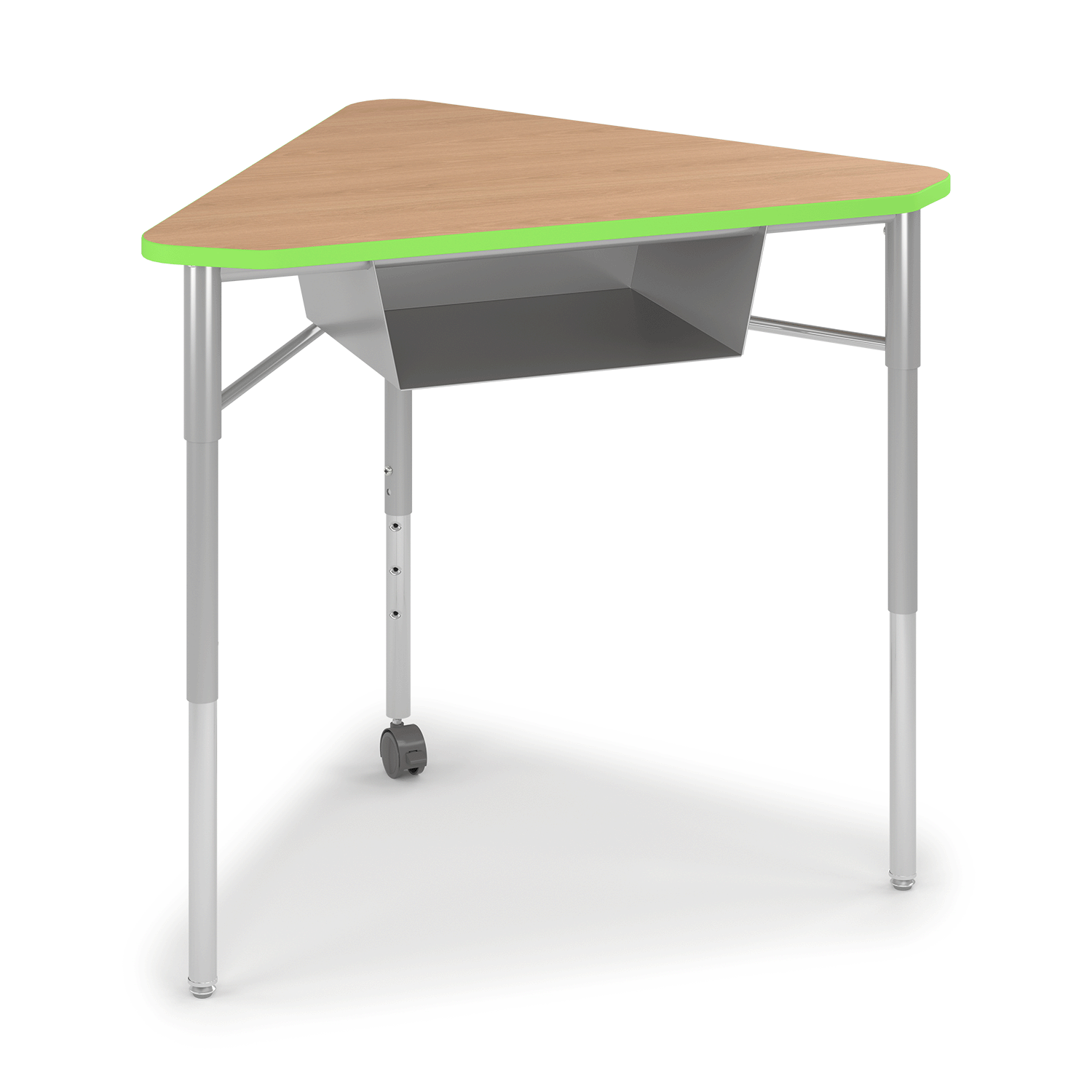Wood-tone and lime green y5 Pente Desk with casters and book box