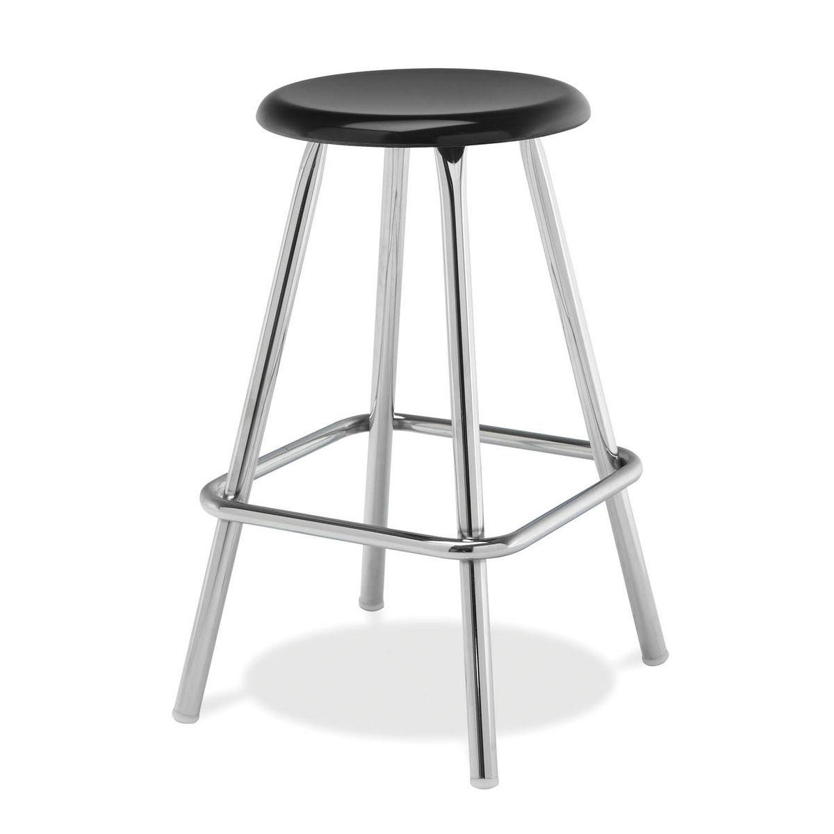 Black Honor Roll hard plastic stool with chrome legs, angled view