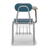Teal Marquis metal-frame fixed tablet arm chair, rear view showing book basket
