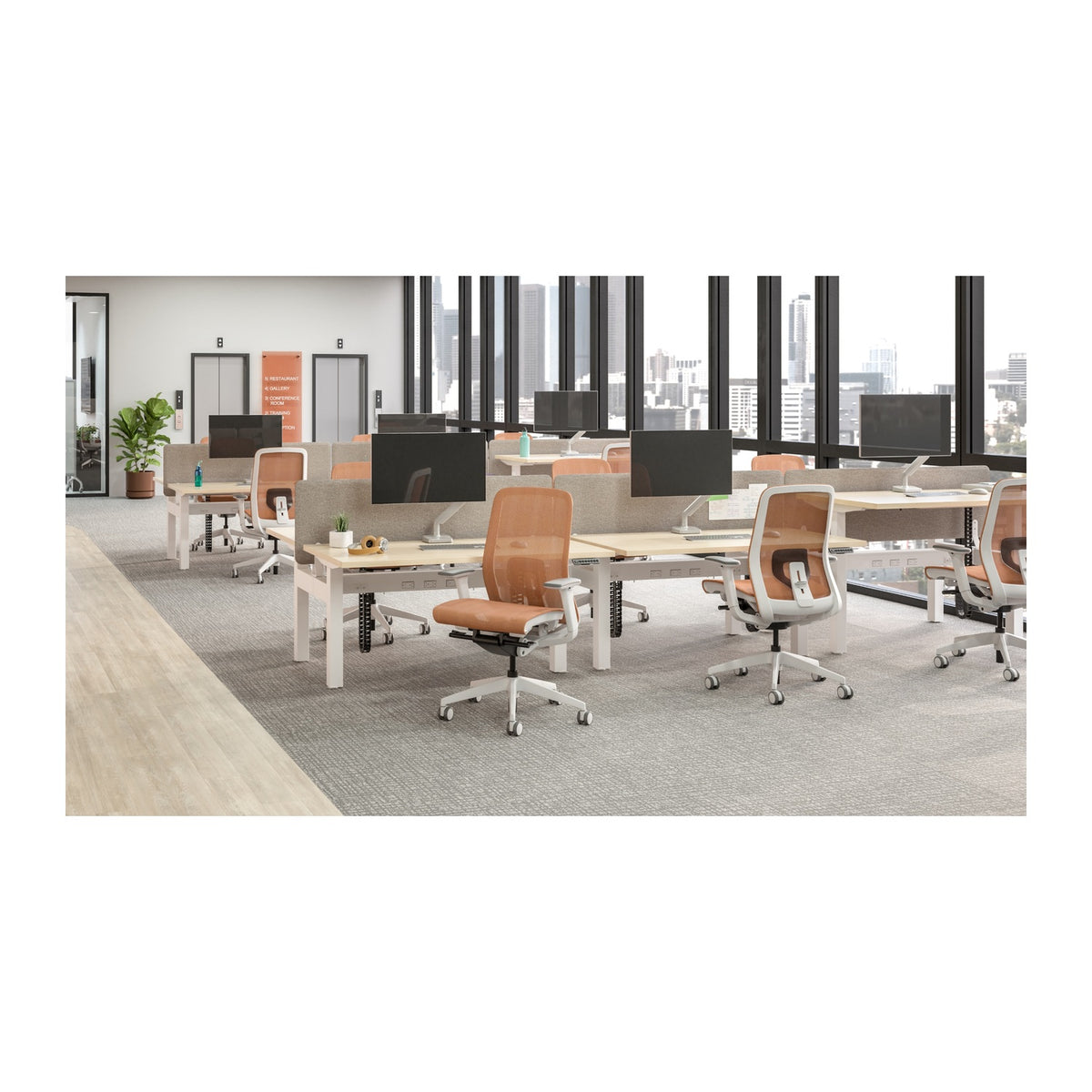 Lavo highback task chair, Tangerine mesh, White  frame, White base, Fog accent