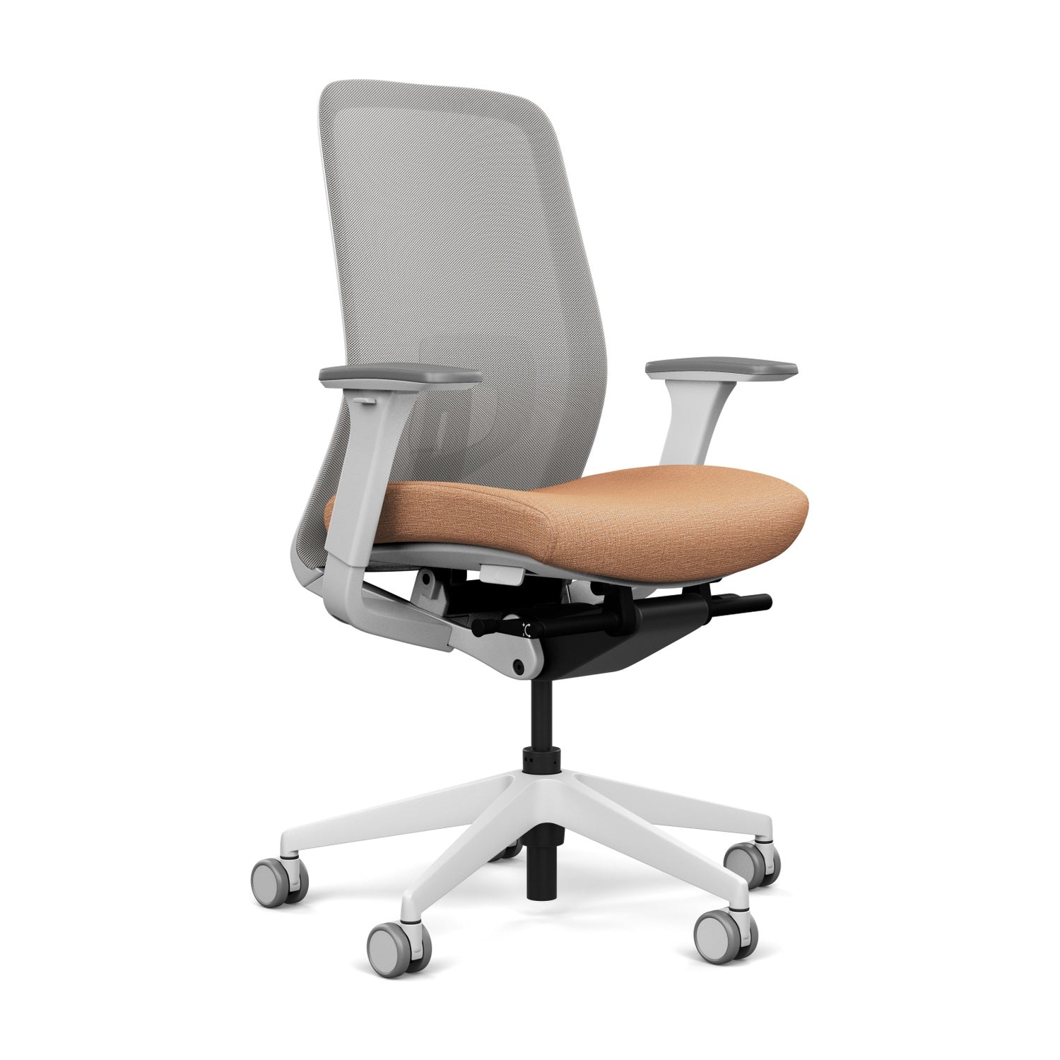Lavo highback task chair, Fog mesh, DesignTex Tweed Multi Orange, White  frame, White base, Onyx accent